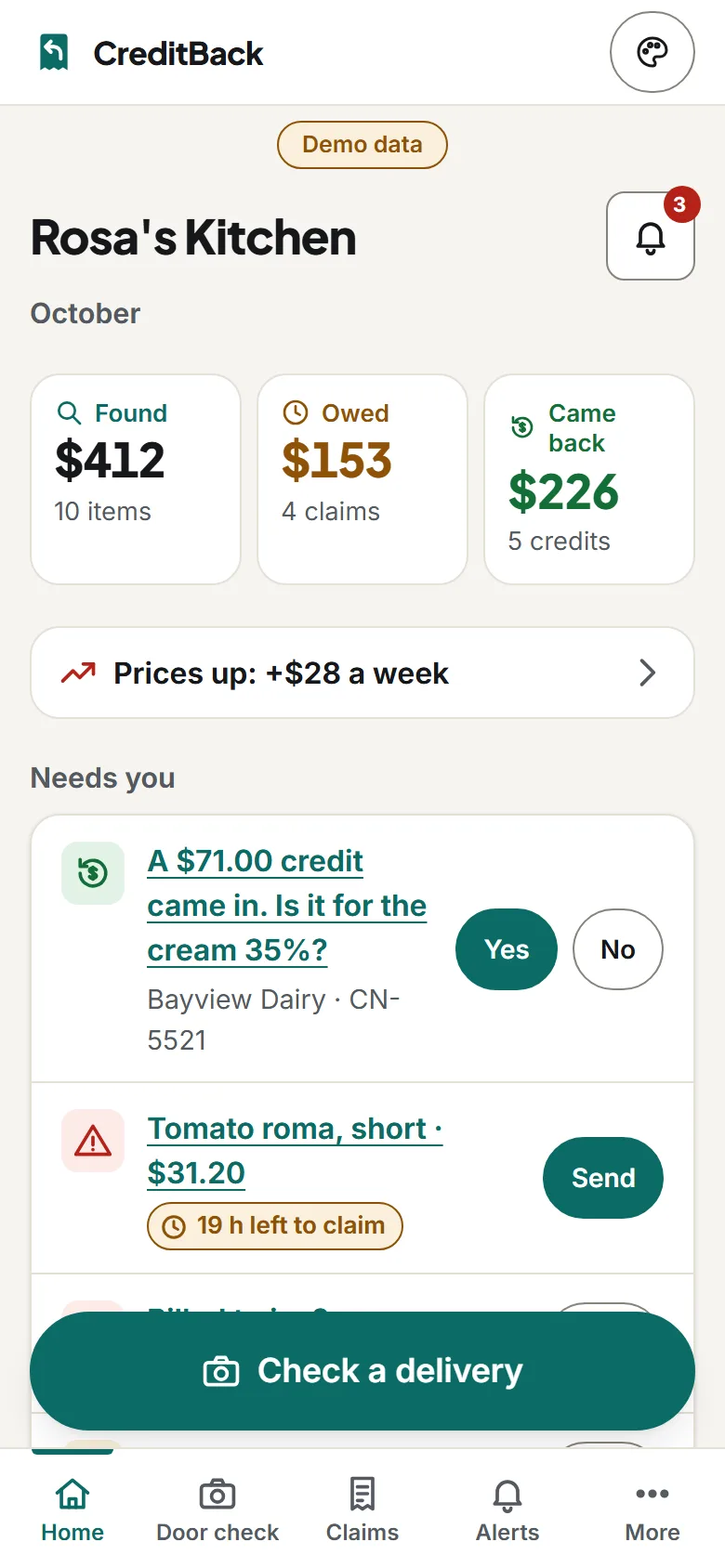 The CreditBack home screen: $412 found, $153 owed, $226 came back, and the claims that need you today