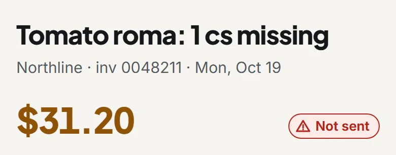 A credit request in CreditBack: tomato roma, 1 case missing, $31.20, not sent yet