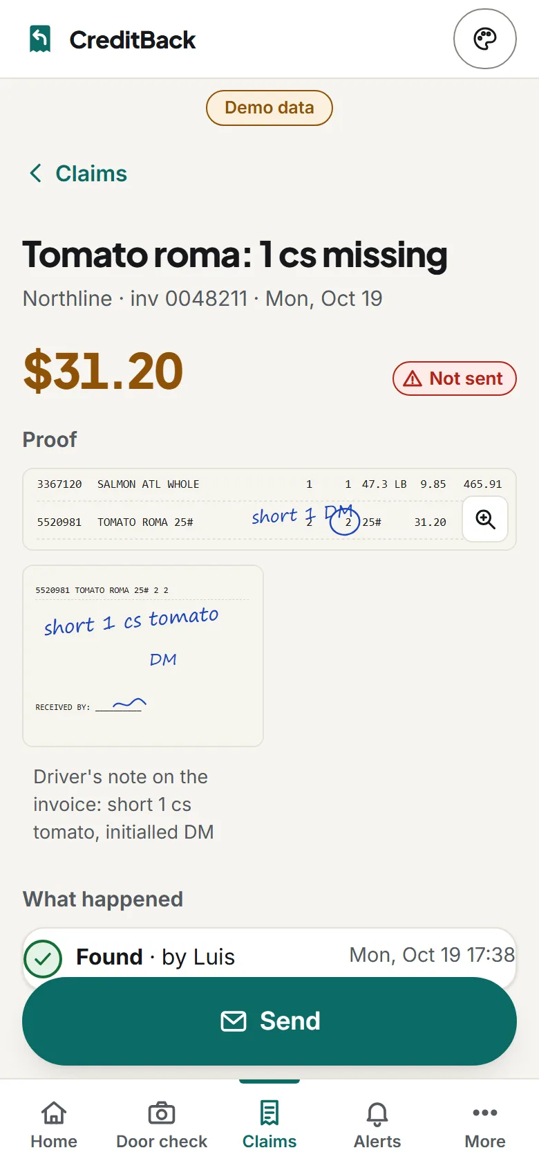 The $31.20 credit request with a photo of the driver's note, ready to send