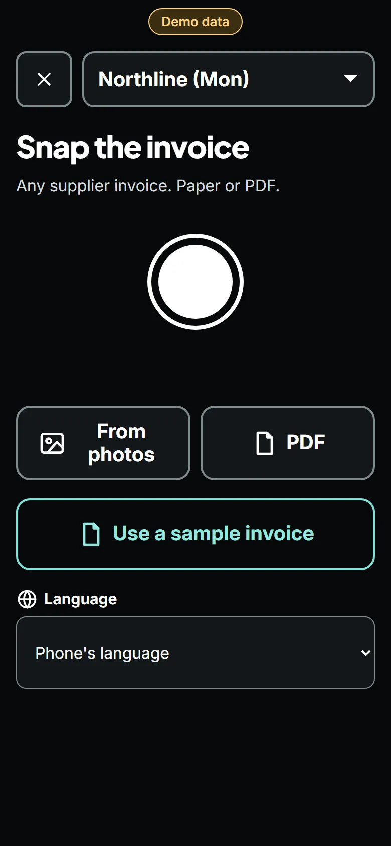 The door check screen: snap the invoice, or pick photos or a PDF