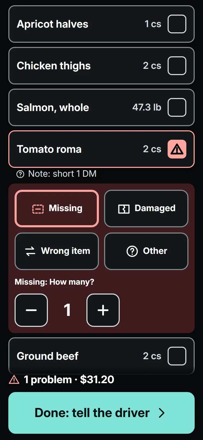 On the bill's lines, tomato roma is marked missing, 1 case: 1 problem, $31.20